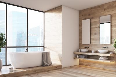 Svetlá kúpeľňa s drevenými akcentami